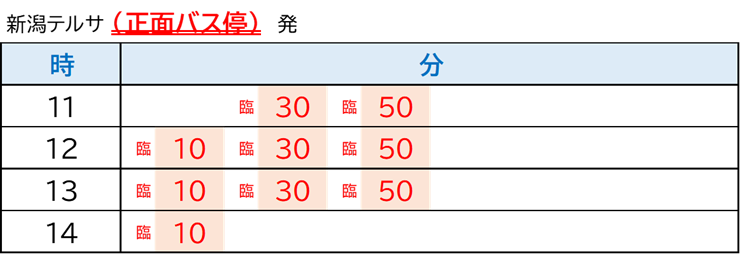 新潟テルサ発時刻表（グッズ先行販売向け）